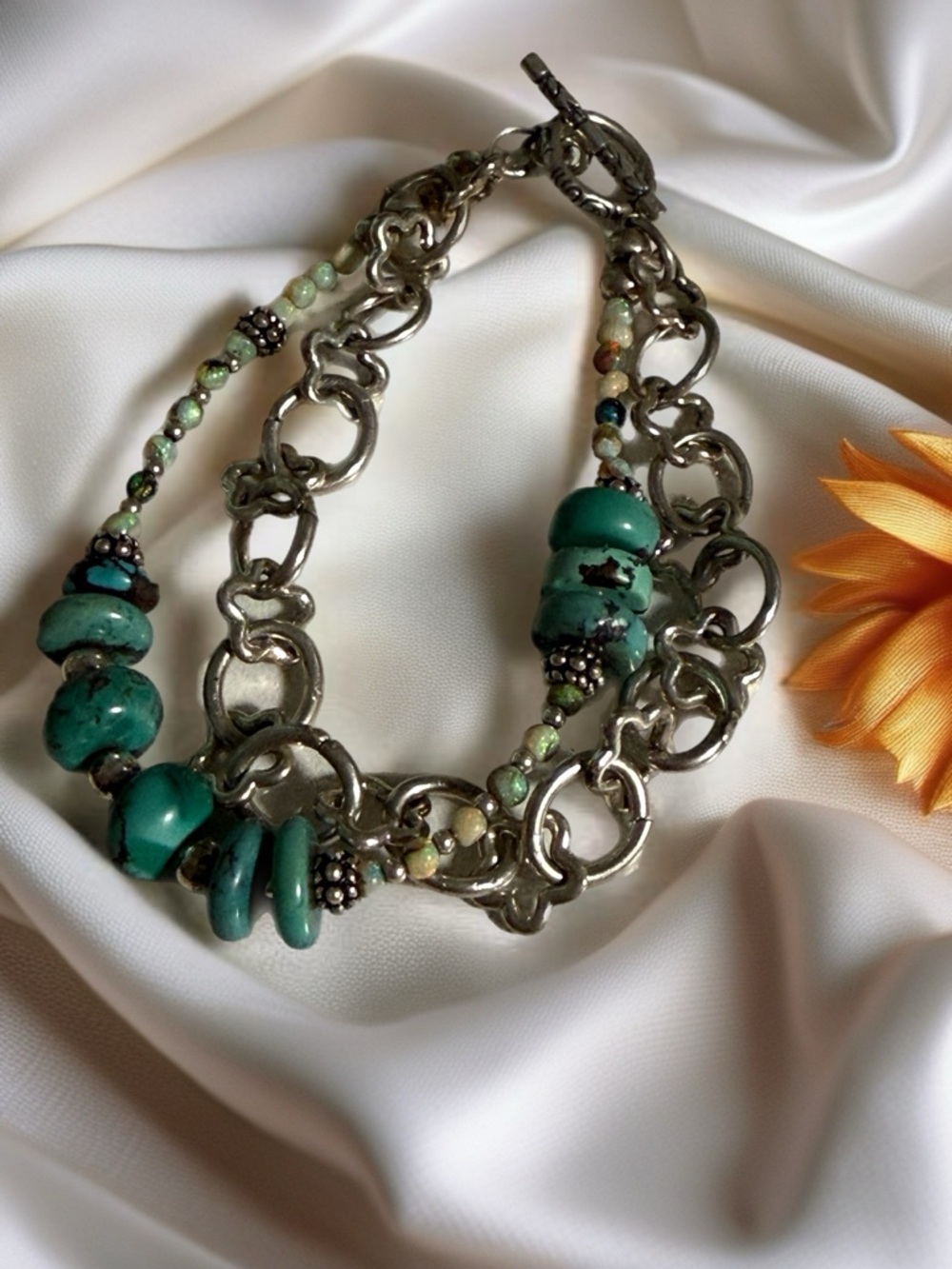 New Sterling Turquoise Multi-Chain Statement Toggle Bracelet Hand Crafted
